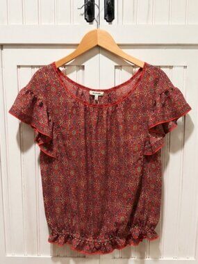 NWT Max Studio Coral Floral Medallion Print Flutter Sleeve Blouse Size Large